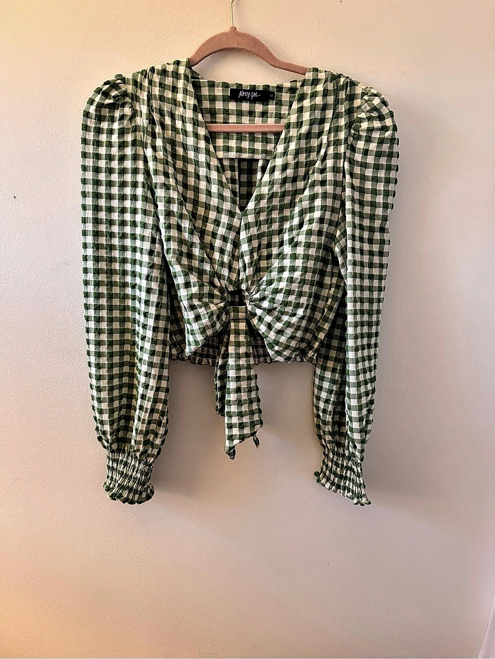 Nasty Gal Gingham Check Puff Sleeve Tie Front Top Green & White Small